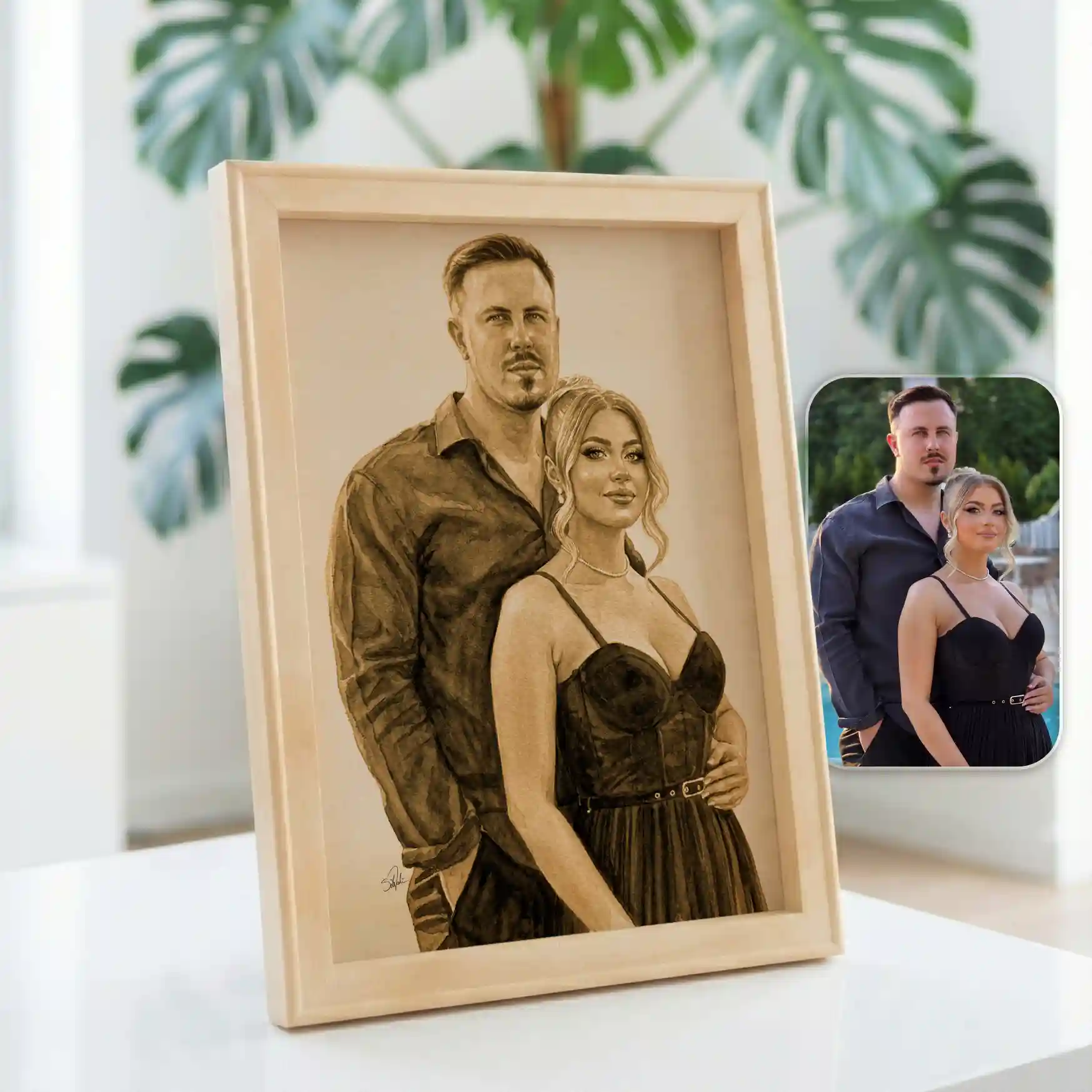 Un portret înrămat Tablou pirogravat al unui bărbat și al unei femei se află pe o masă, lângă o fotografie mică a aceluiași cuplu; plante cu frunze verzi se estompează în fundal.