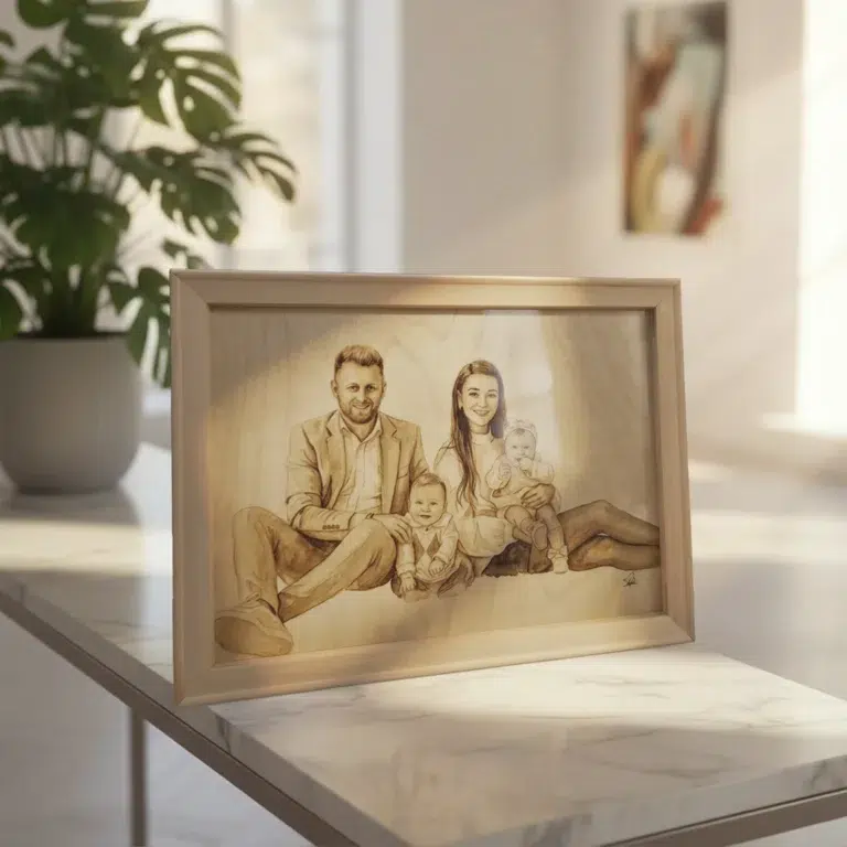 Portret pirogravat personalizat cu o familie de patru (doi adulți, doi bebeluși) pe lemn, în ramă. Așezat pe masă de marmură.