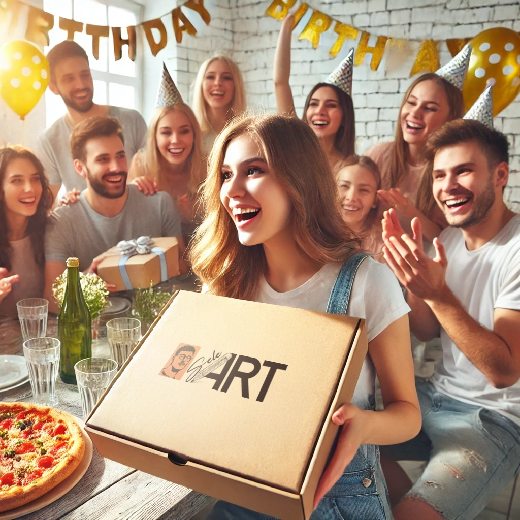 DALL·E 2024-11-18 10.08.35 – A joyful group of young people at a birthday celebration, presenting a wrapped, rustic-styled gift box (similar to a pizza box) featuring a logo. The