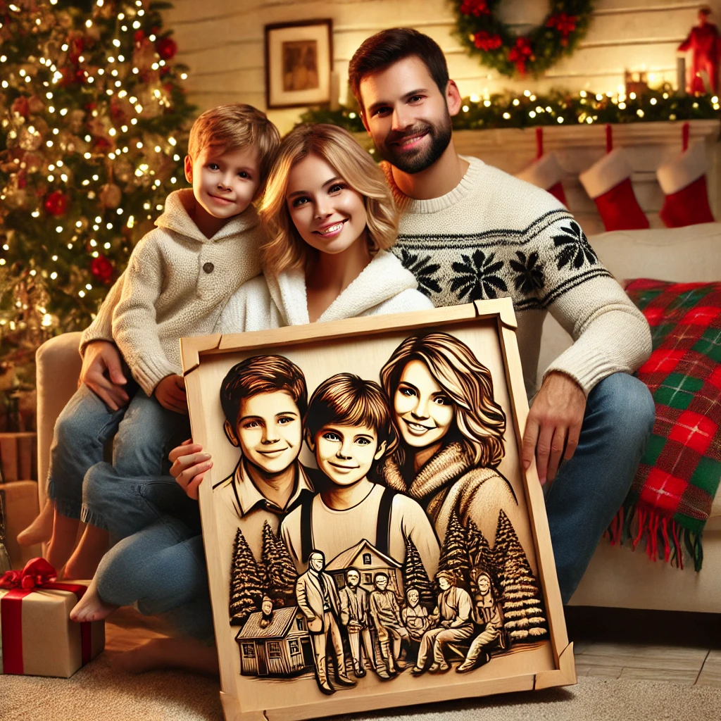 DALL·E 2024-11-19 12.55.35 – A heartwarming Christmas scene with a family of four (mother, father, and two children) sitting on a cozy sofa in a festively decorated living room. T