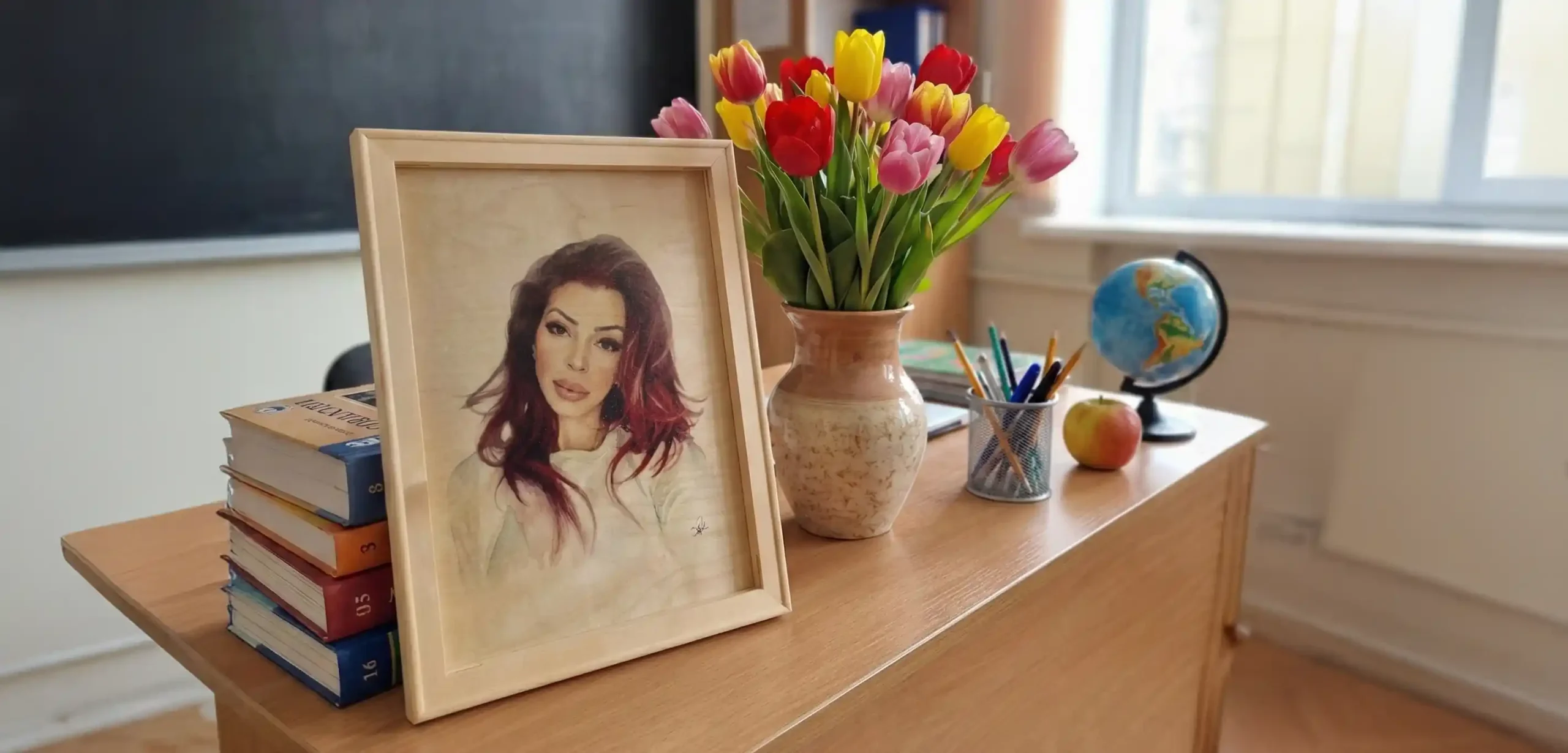 Tablou la comandă cu portret femeie, lalele, cărți și glob pe birou de profesor. Cadou personalizat, unic.