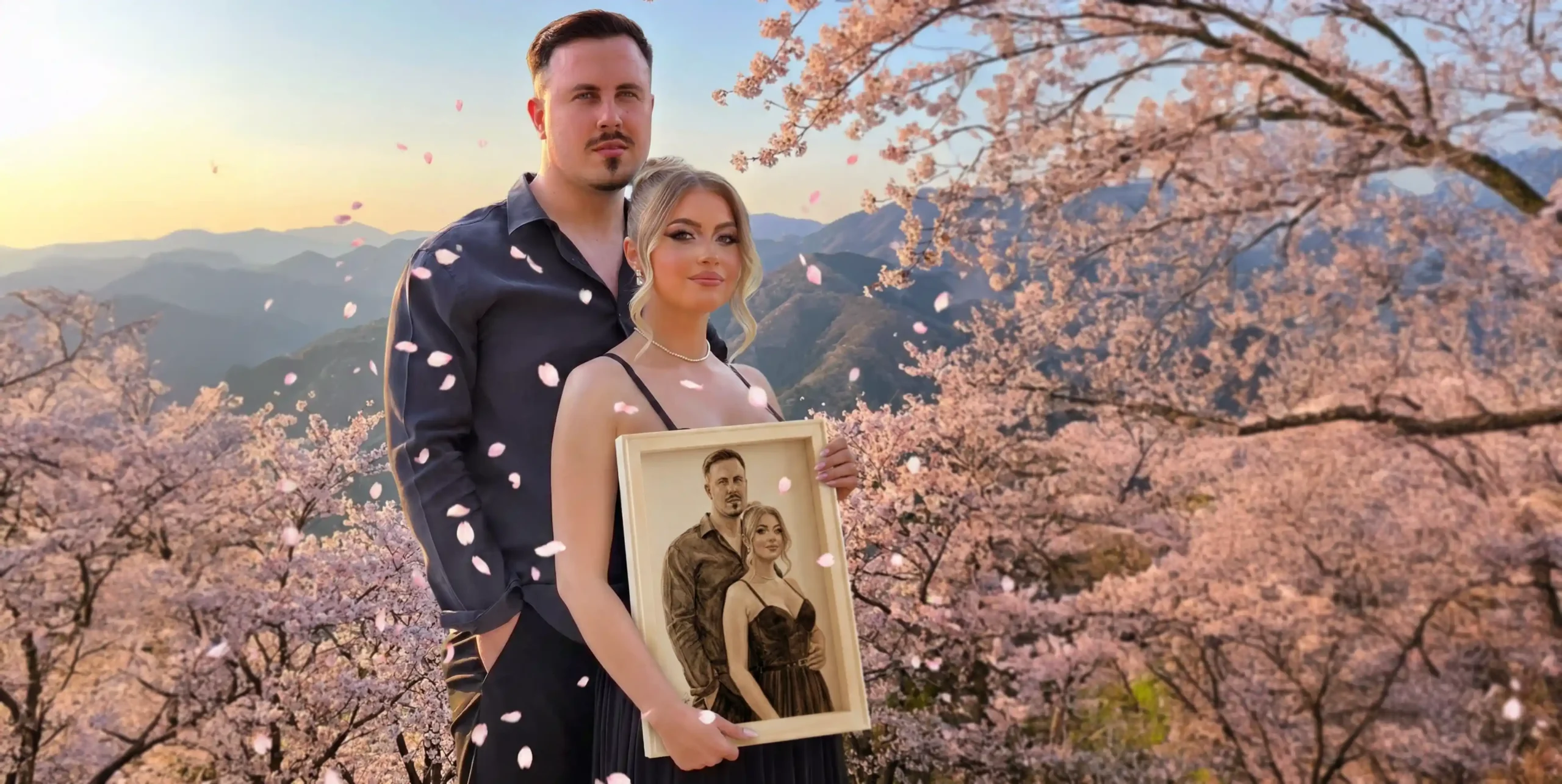 Cuplu ține un portret personalizat al lor, fundal sakura și munți. Tablou la comandă, cadou memorabil.