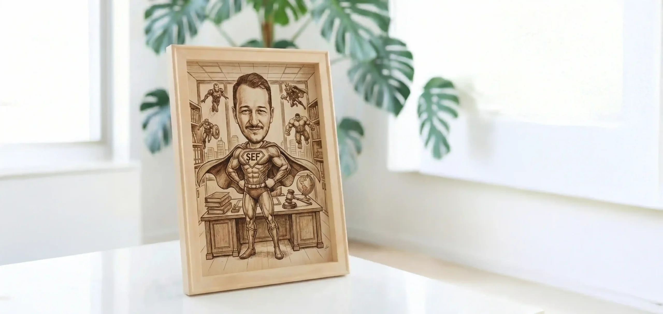 Caricatură personalizată gravată laser pe lemn, reprezentând un bărbat ca supererou cu simbolul SEF, într-un birou cu alți eroi Marvel.